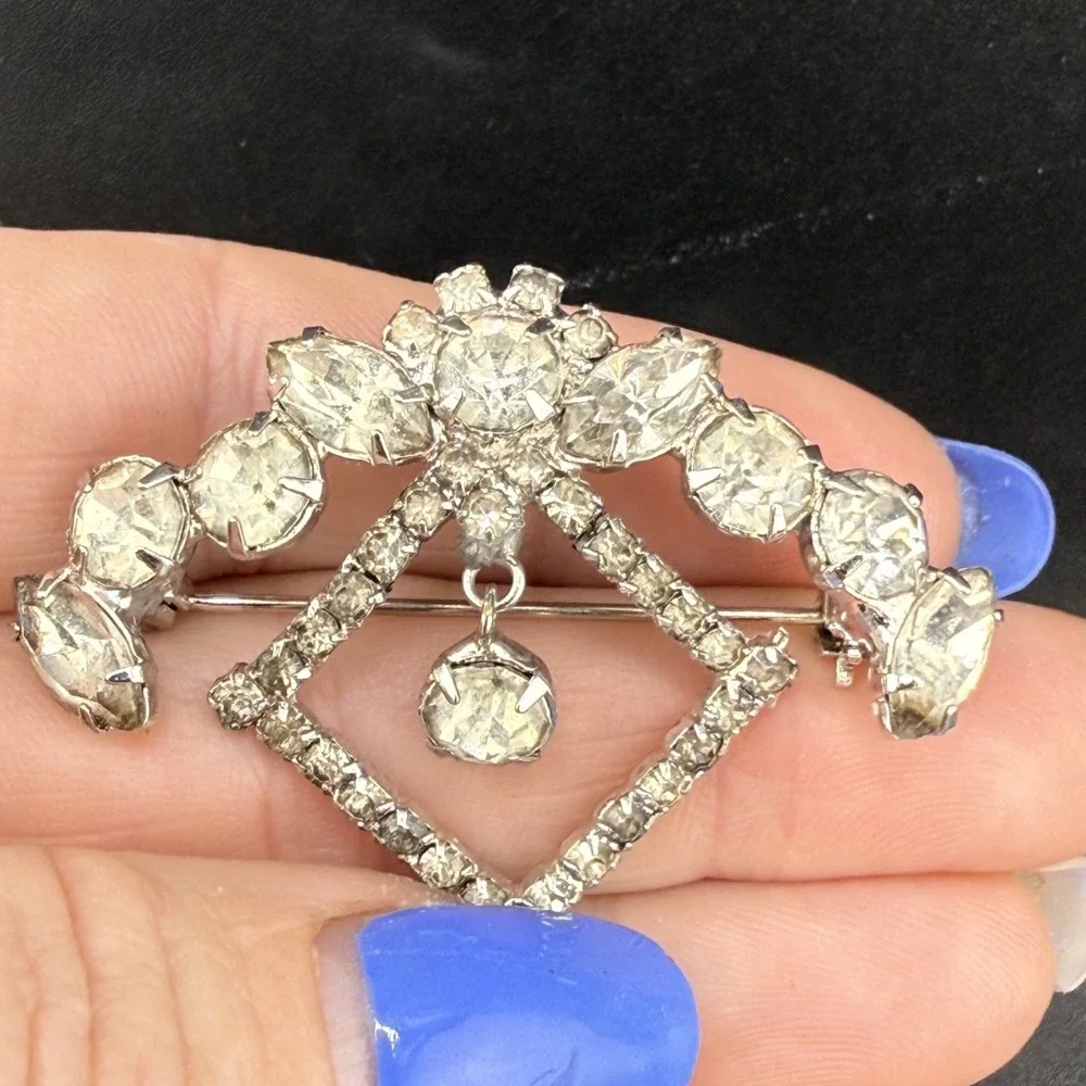 Vintage Estate Rhinestone Brooch Silver Tone Dangle AB Crystal Unique
